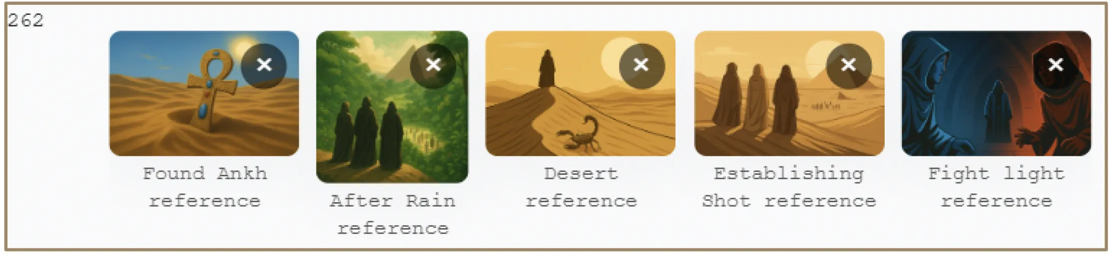 Reel layout arranging assets in a horizontal cinematic sequence
